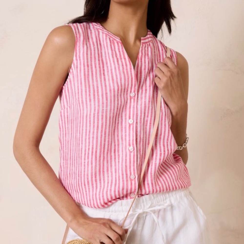 Tommy Bahama Ocean Surf Linen Sleeveless Button Up Top, Red Stripe, Sz Large